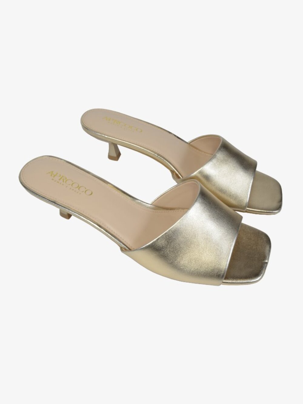 Aprcoco Mules, Gold, Kitten Heel, Square Toe, New with Blemish, 9.5